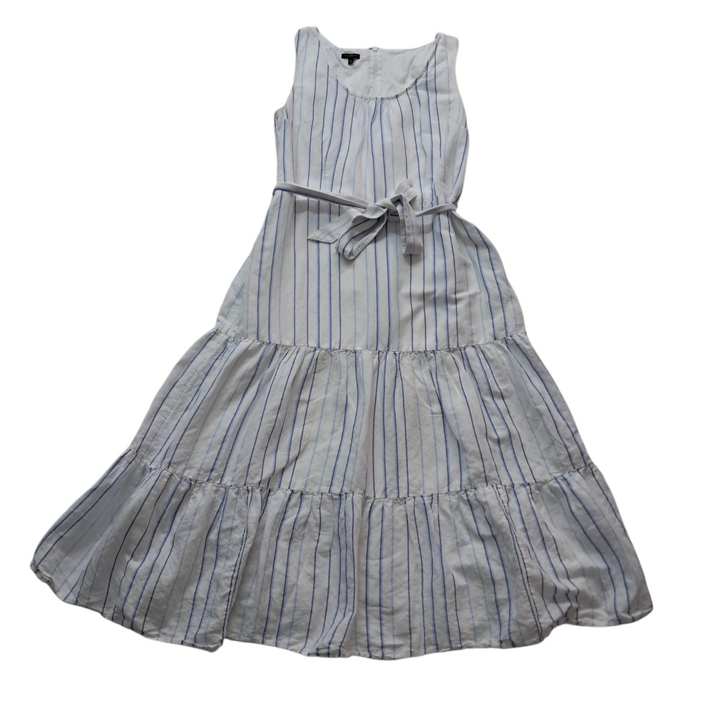 Talbots Dress Womens 10 White Blue Striped Linen Blend Tiered Midi Belted Preppy